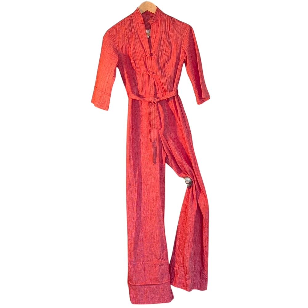Vintage Jonathan Logan Red Jumpsuit Pinstriped Asian Inspired Wide Leg Retro 5/6